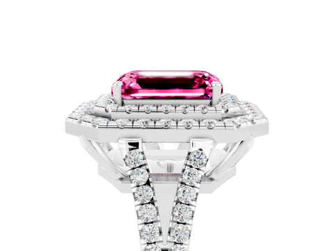 White gold Emerald Cut Pink Sapphire Double Halo Ring with Pavé Band and Prong Setting_17