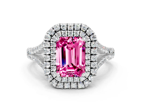 Platinum Emerald Cut Pink Sapphire Double Halo Ring with Split Shank and Prong Setting