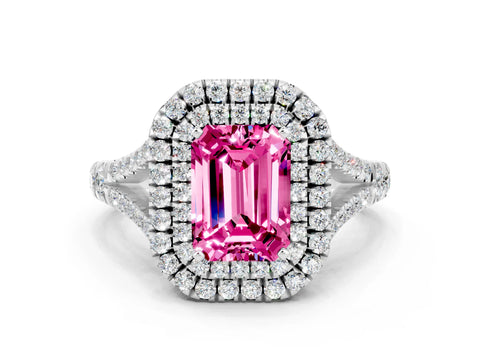 White gold Emerald Cut Pink Sapphire Double Halo Ring with Split Shank and Prong Setting_12