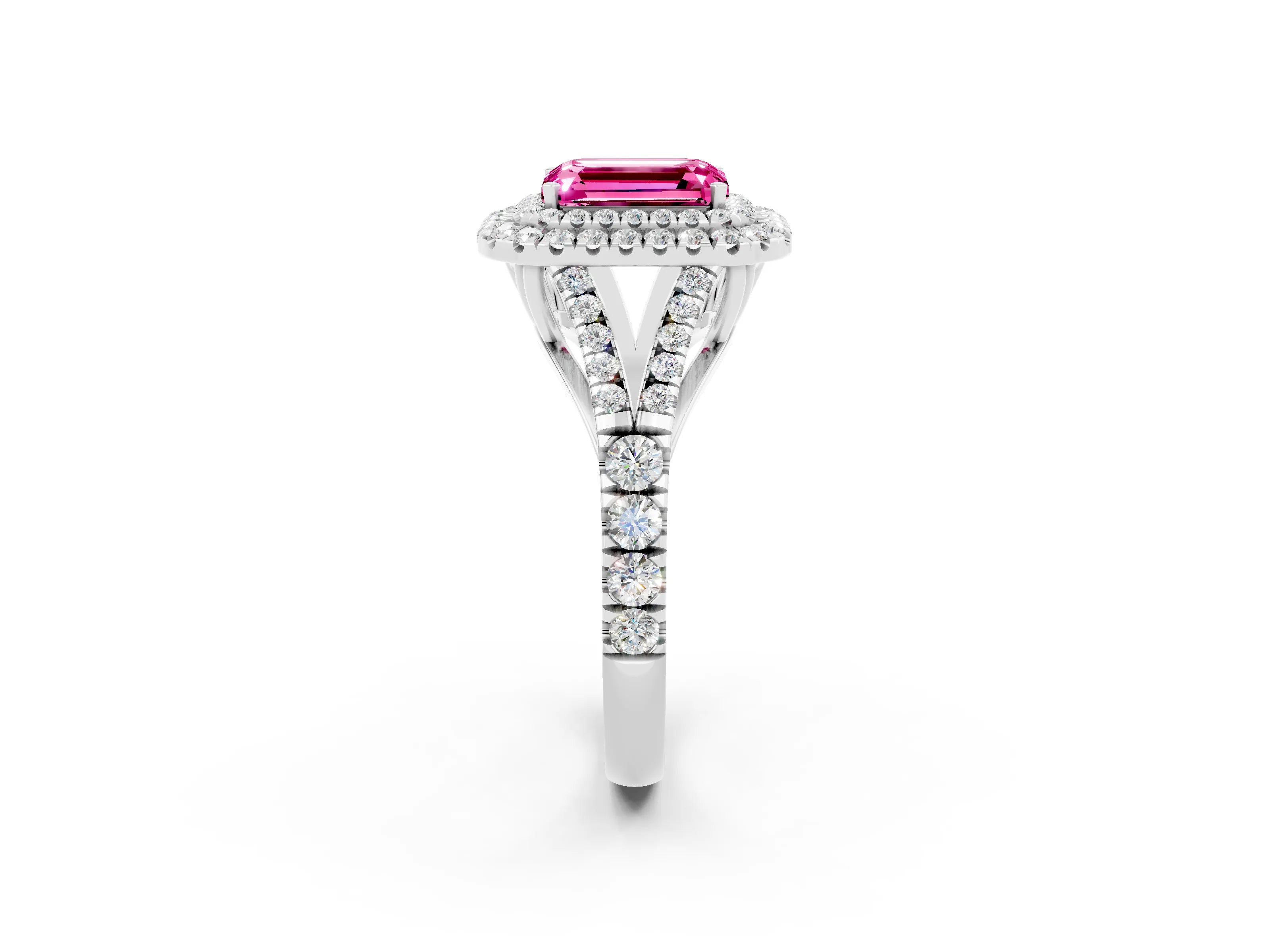 White gold Emerald Cut Pink Sapphire Double Halo Ring with Split Shank and Prong Setting_14