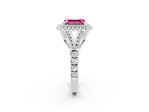 White gold Emerald Cut Pink Sapphire Double Halo Ring with Split Shank and Prong Setting_14