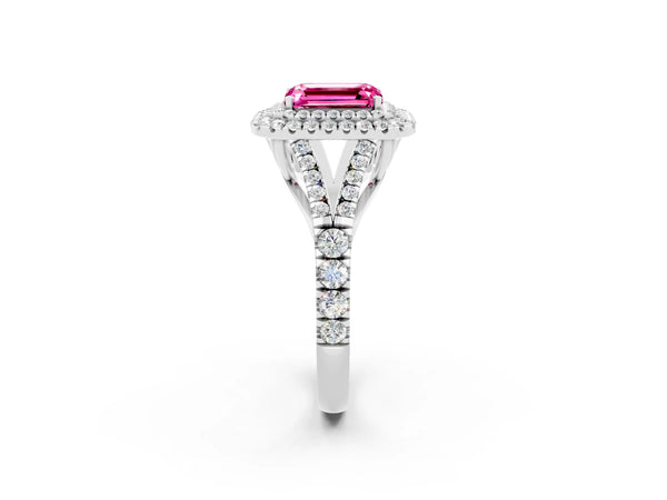 White gold Emerald Cut Pink Sapphire Double Halo Ring with Split Shank and Prong Setting