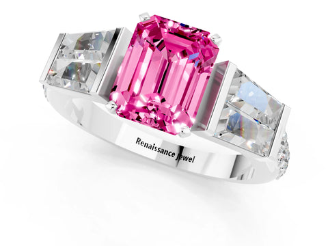 White gold Emerald Cut Pink Sapphire Engagement Ring with Baguette Side Stones and Channel Set Band_1