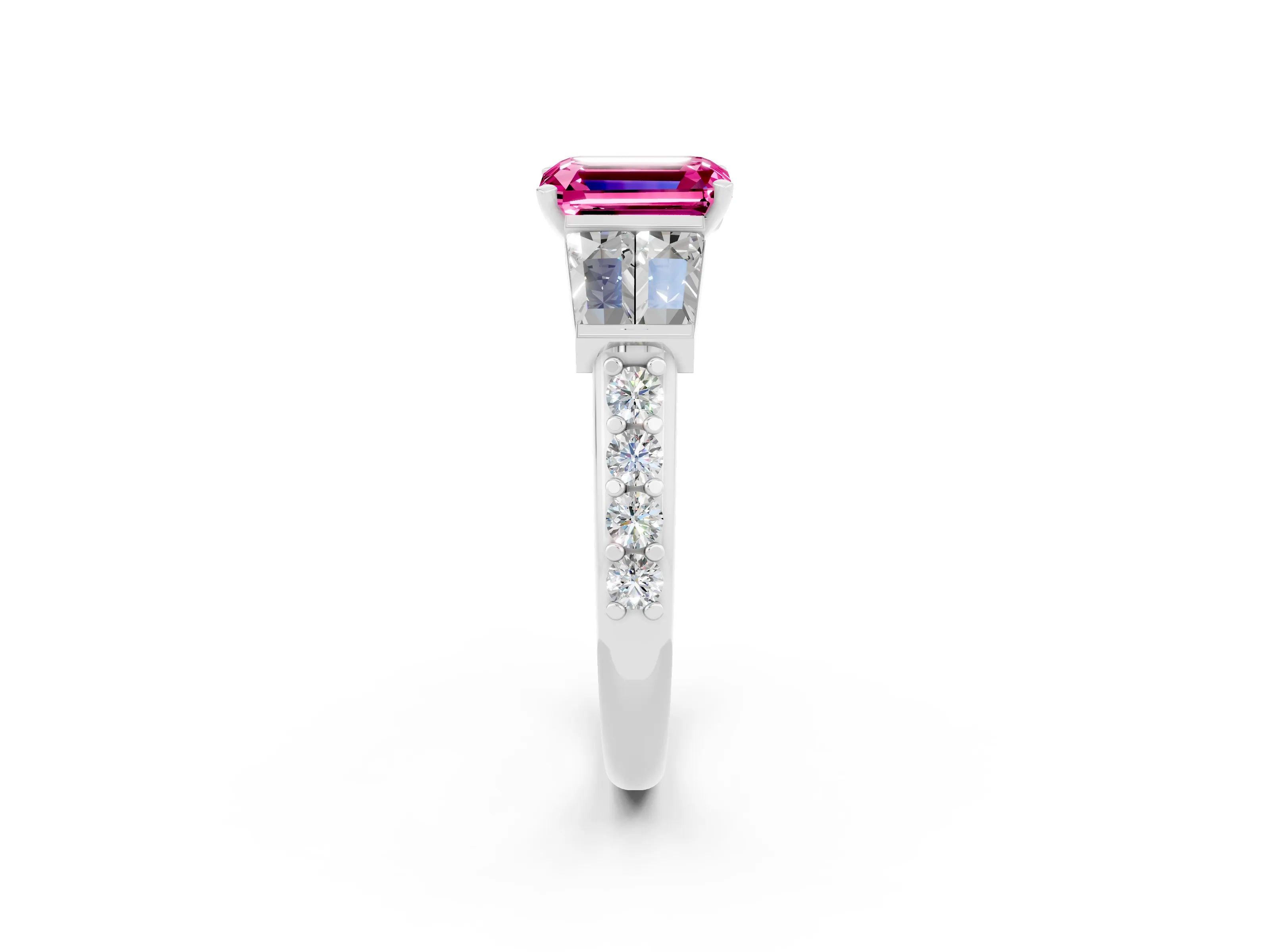 White gold Emerald Cut Pink Sapphire Engagement Ring with Baguette Side Stones and Channel Set Band_2