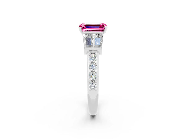 Silver Emerald Cut Pink Sapphire Engagement Ring with Baguette Side Stones and Channel Set Band