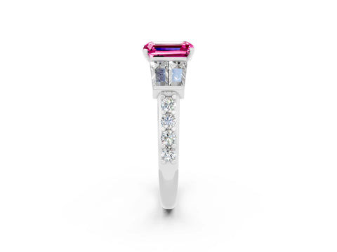 White gold Emerald Cut Pink Sapphire Engagement Ring with Baguette Side Stones and Channel Set Band_2