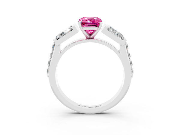 Silver Emerald Cut Pink Sapphire Engagement Ring with Baguette Side Stones and Channel Set Band