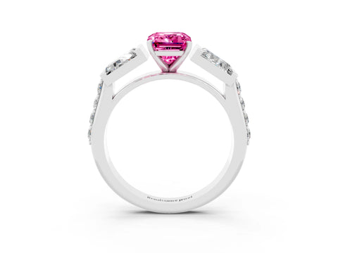 White gold Emerald Cut Pink Sapphire Engagement Ring with Baguette Side Stones and Channel Set Band_3
