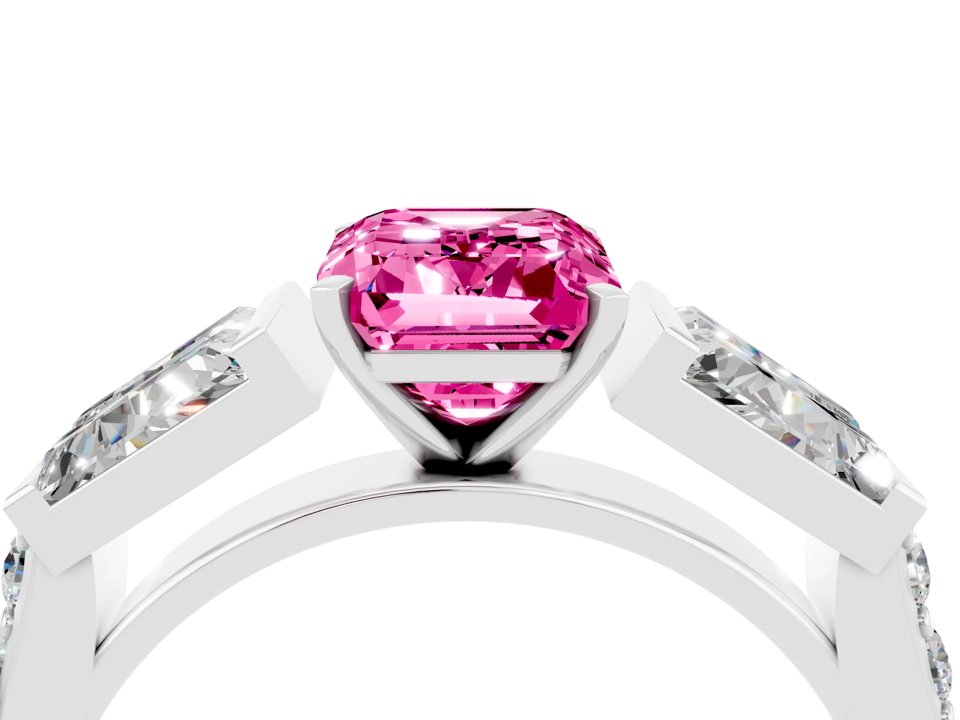 White gold Emerald Cut Pink Sapphire Engagement Ring with Baguette Side Stones and Channel Set Band_4