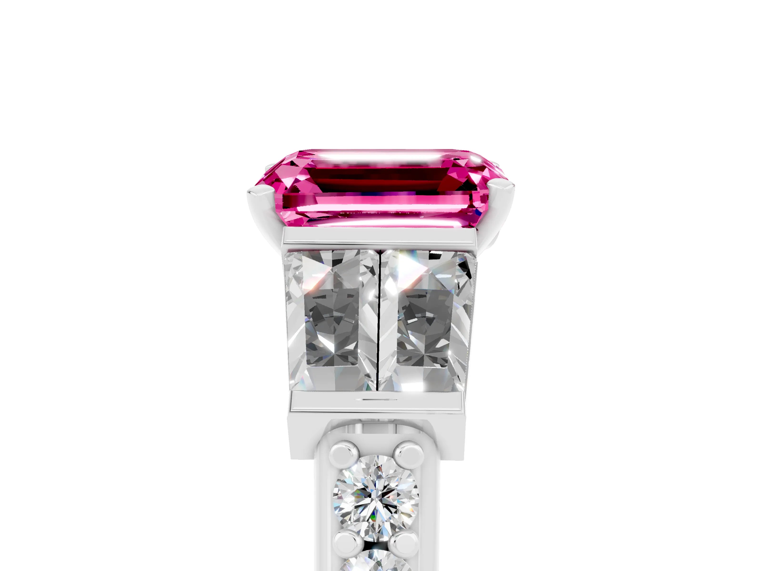 White gold Emerald Cut Pink Sapphire Engagement Ring with Baguette Side Stones and Channel Set Band_5