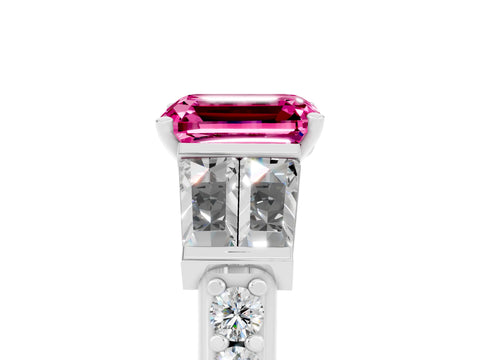 White gold Emerald Cut Pink Sapphire Engagement Ring with Baguette Side Stones and Channel Set Band_5