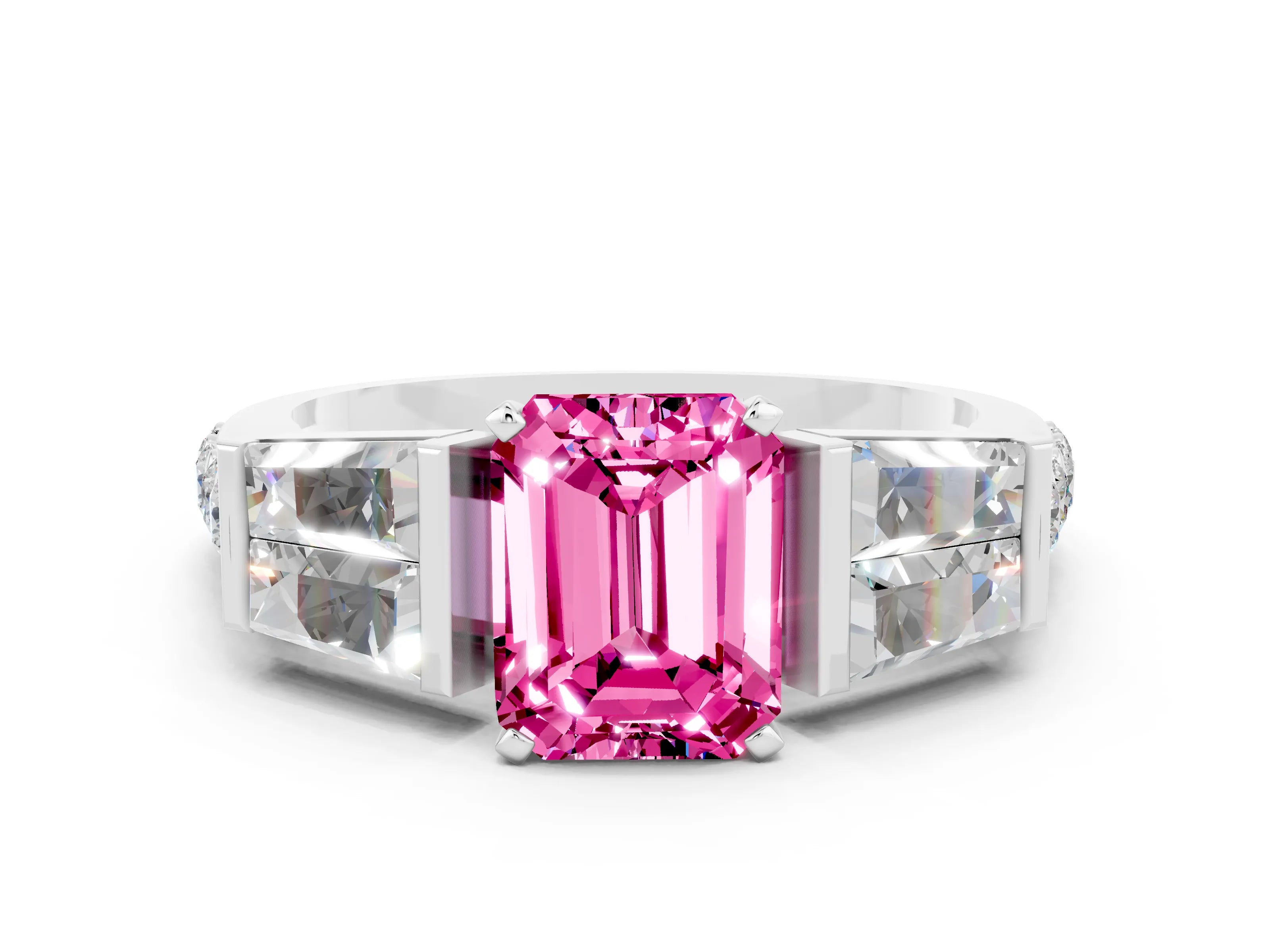 White gold Emerald Cut Pink Sapphire Engagement Ring with Baguette Side Stones and Channel Set Band