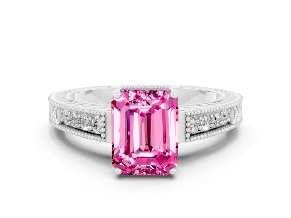 Platinum Emerald Cut Pink Sapphire Engagement Ring with Milgrain Channel Set Band and Prong Setting