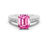 White gold Emerald Cut Pink Sapphire Engagement Ring with Milgrain Channel Set Band and Prong Setting_24