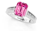 White gold Emerald Cut Pink Sapphire Engagement Ring with Milgrain Channel Set Band and Prong Setting_25