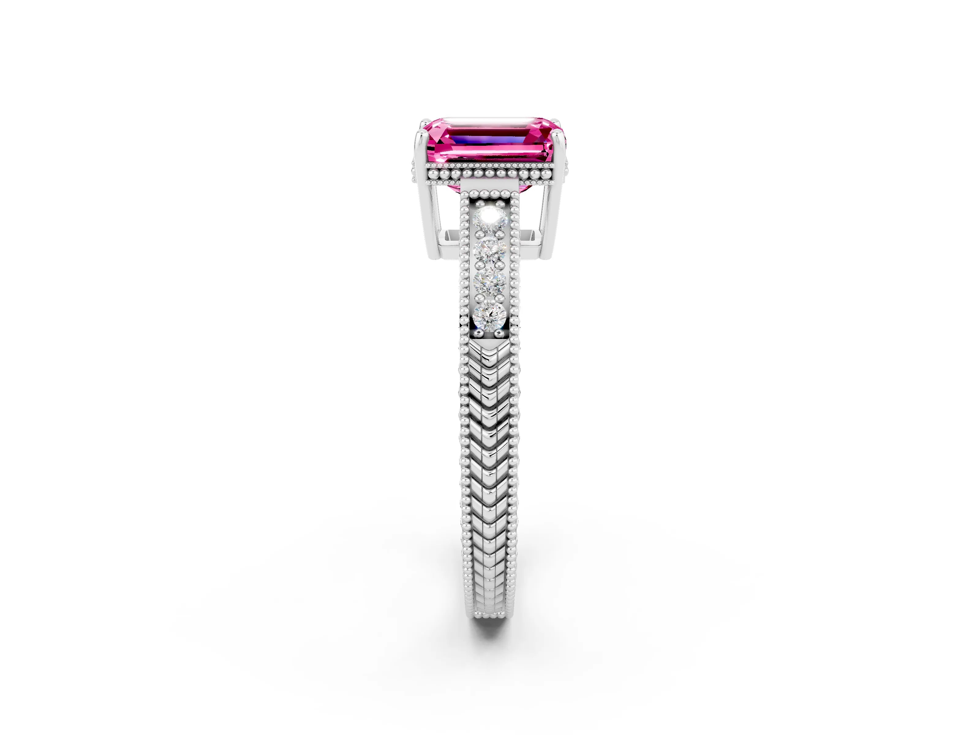 White gold Emerald Cut Pink Sapphire Engagement Ring with Milgrain Channel Set Band and Prong Setting_26