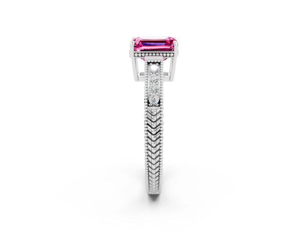 Platinum Emerald Cut Pink Sapphire Engagement Ring with Milgrain Channel Set Band and Prong Setting