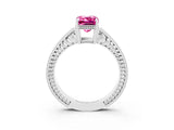White gold Emerald Cut Pink Sapphire Engagement Ring with Milgrain Channel Set Band and Prong Setting_27