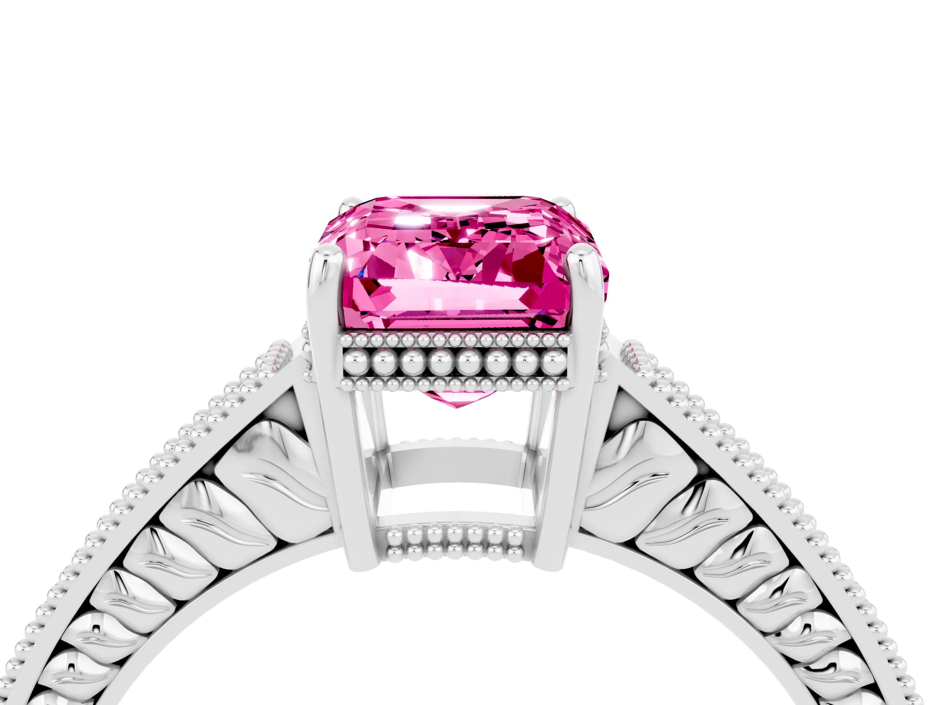 White gold Emerald Cut Pink Sapphire Engagement Ring with Milgrain Channel Set Band and Prong Setting_28