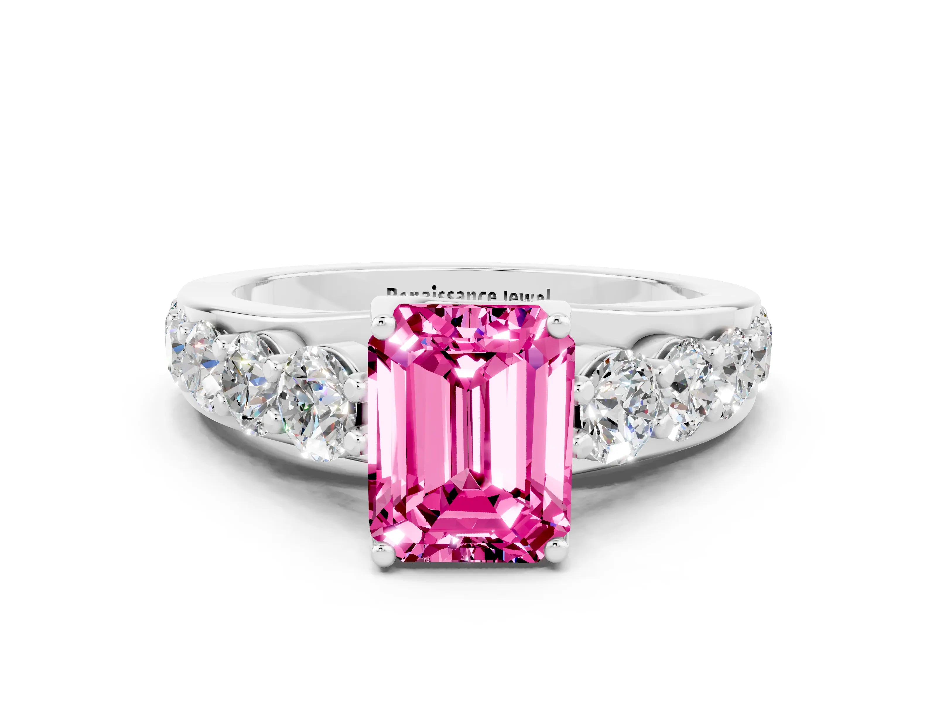 White gold Emerald Cut Pink Sapphire Engagement Ring with Pavé Band and Four-Prong Setting