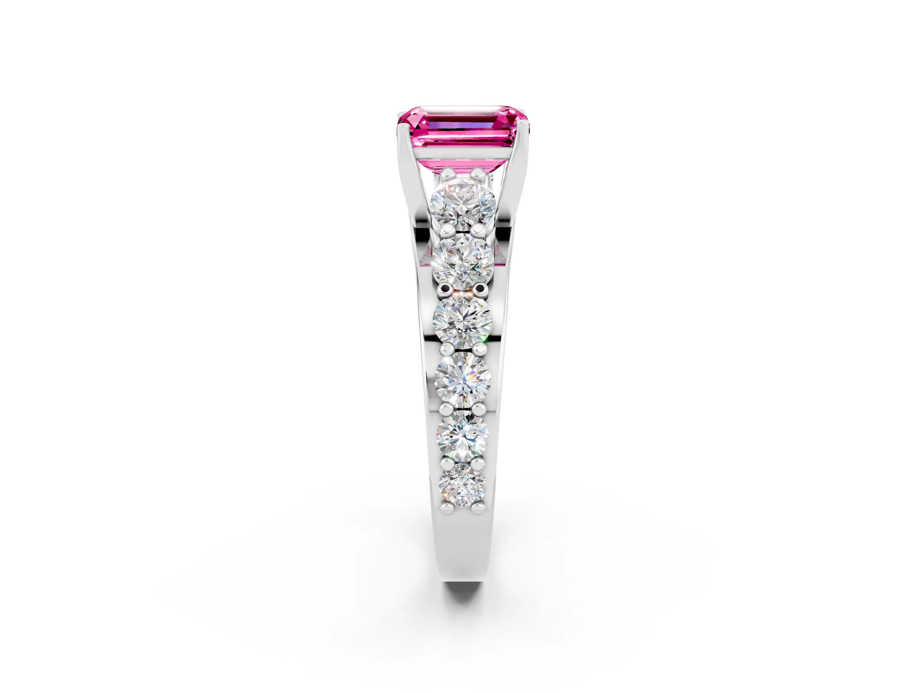 White gold Emerald Cut Pink Sapphire Engagement Ring with Pavé Band and Four-Prong Setting_2