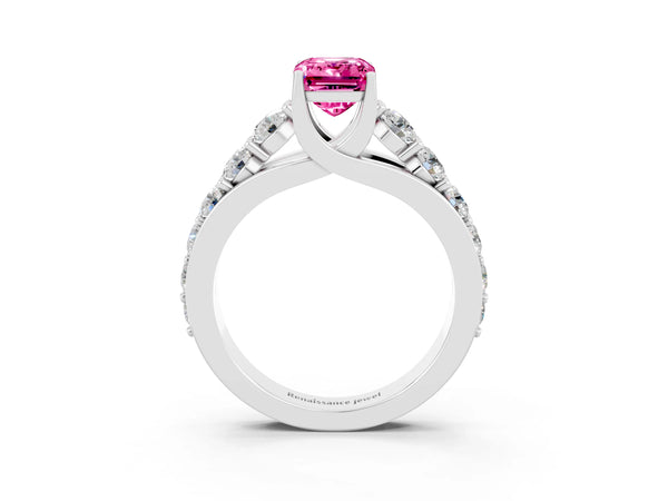 Silver Emerald Cut Pink Sapphire Engagement Ring with Pavé Band and Four-Prong Setting