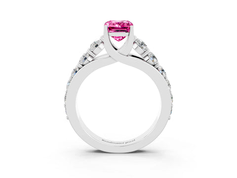 White gold Emerald Cut Pink Sapphire Engagement Ring with Pavé Band and Four-Prong Setting_3