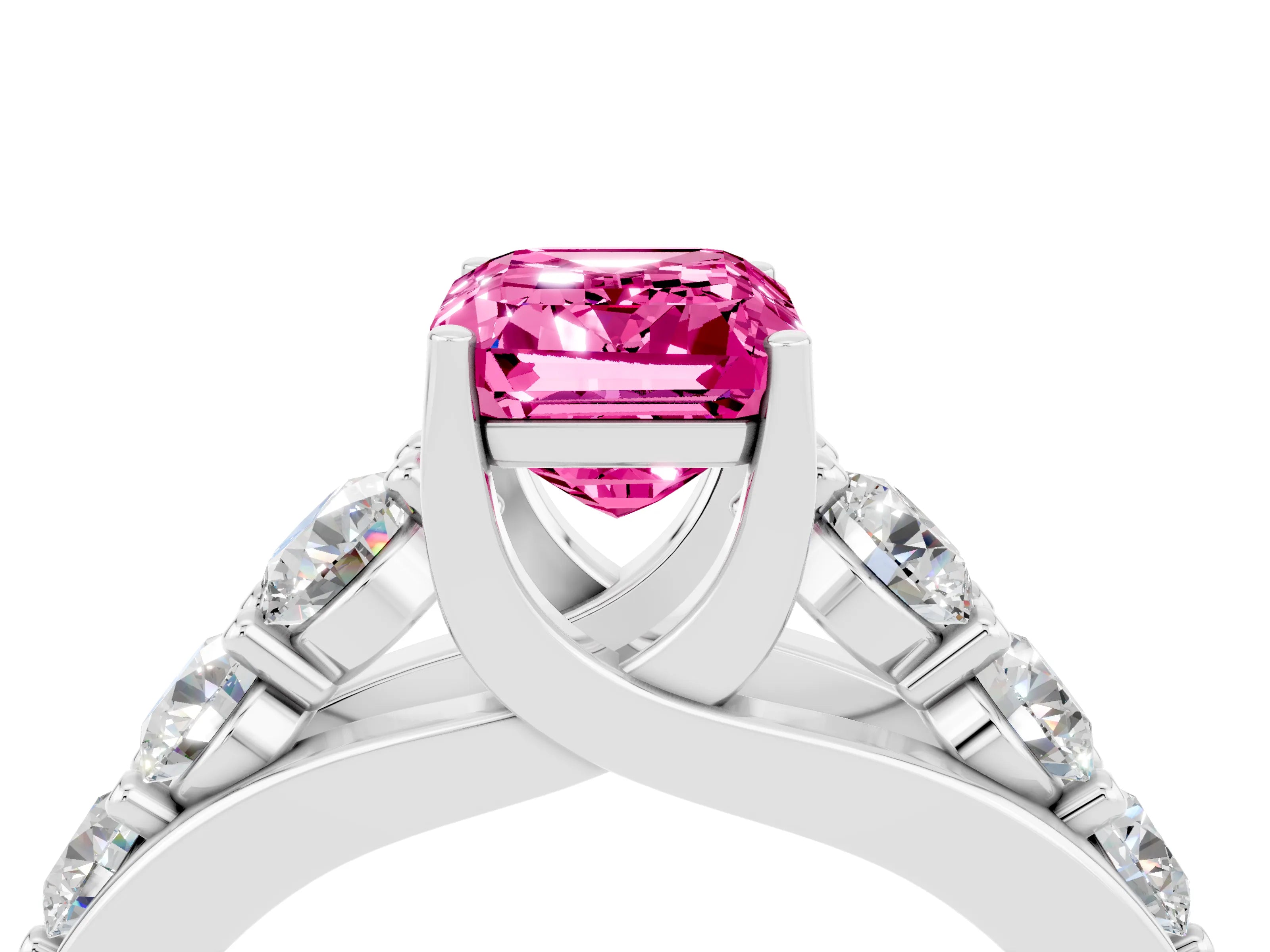 White gold Emerald Cut Pink Sapphire Engagement Ring with Pavé Band and Four-Prong Setting_4