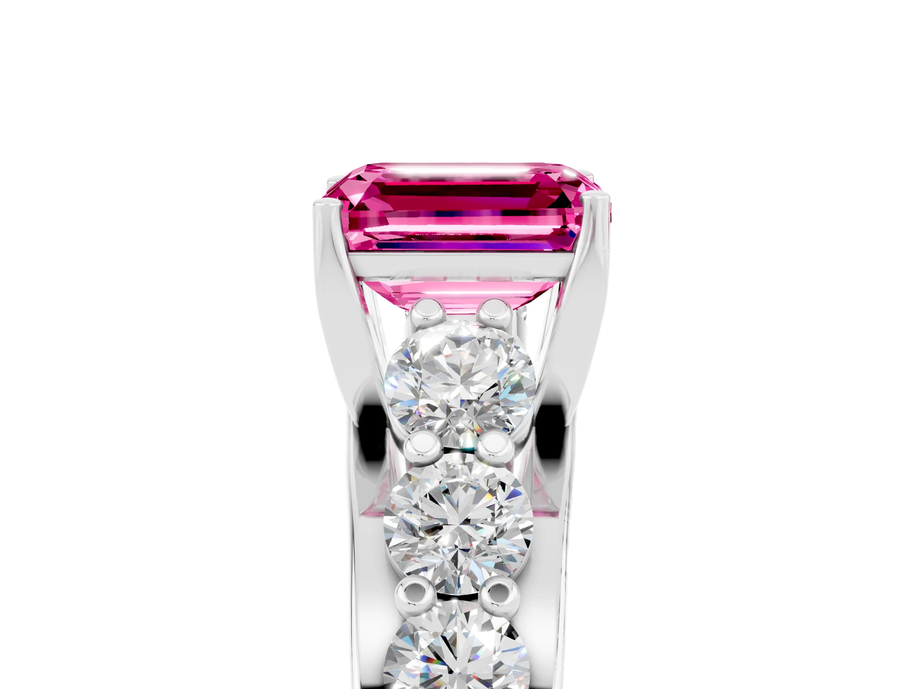 White gold Emerald Cut Pink Sapphire Engagement Ring with Pavé Band and Four-Prong Setting_5