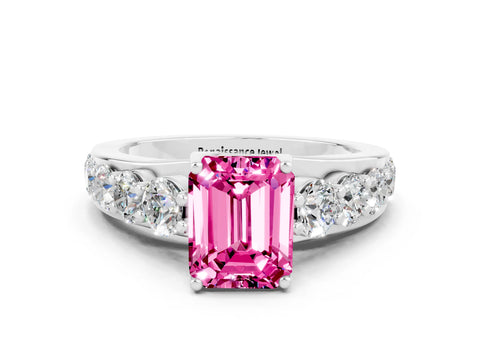 White gold Emerald Cut Pink Sapphire Engagement Ring with Pavé Band and Four-Prong Setting