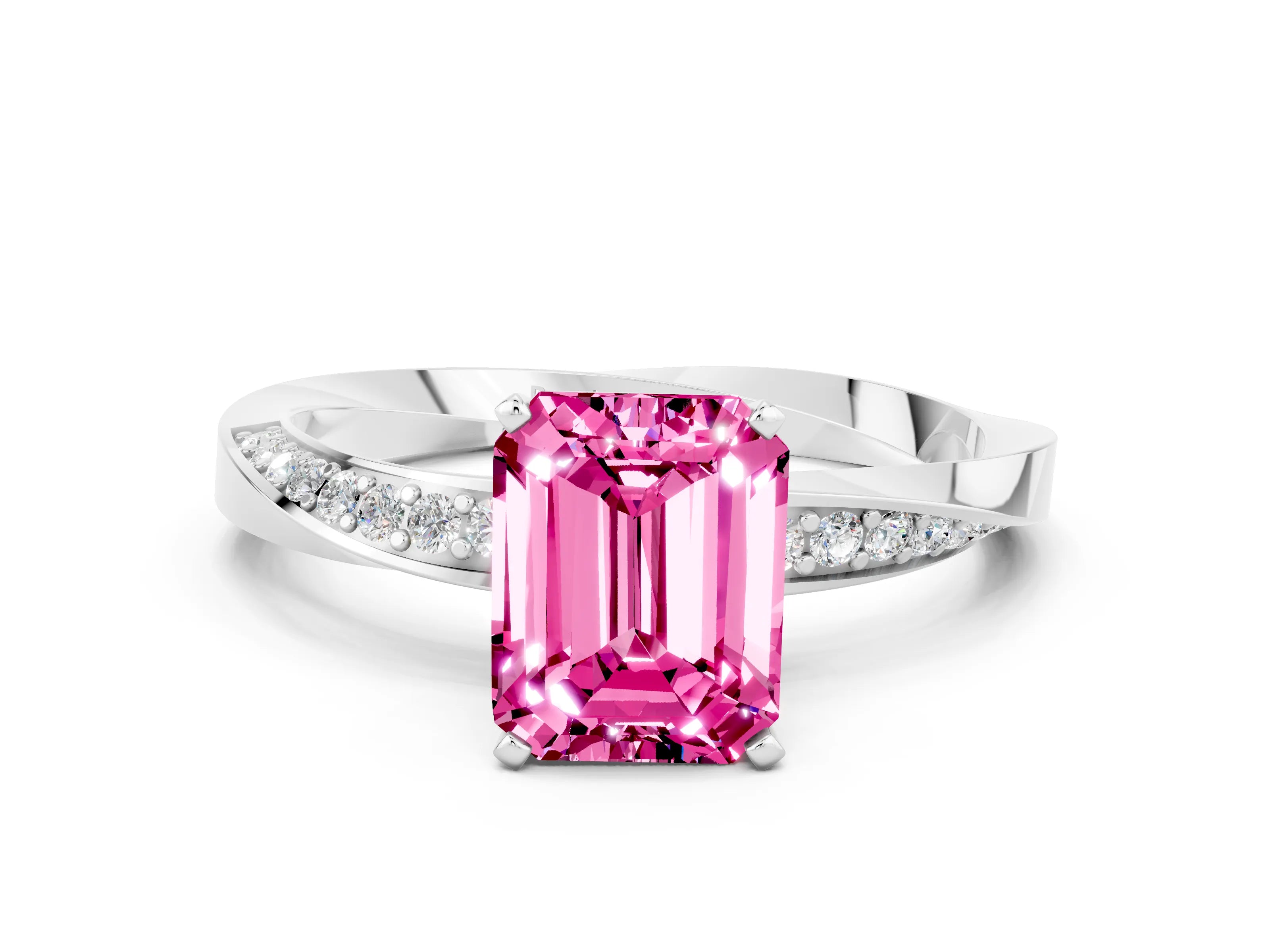 White gold Emerald Cut Pink Sapphire Engagement Ring with Side Stone Accents and Four-Prong Setting_51