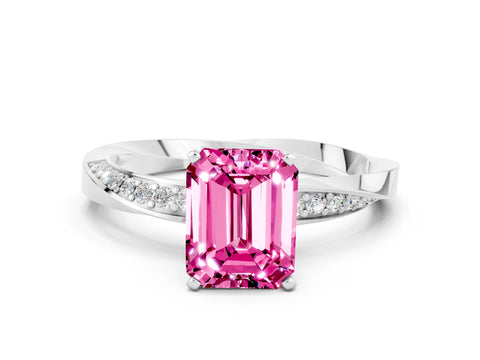 White gold Emerald Cut Pink Sapphire Engagement Ring with Side Stone Accents and Four-Prong Setting_51