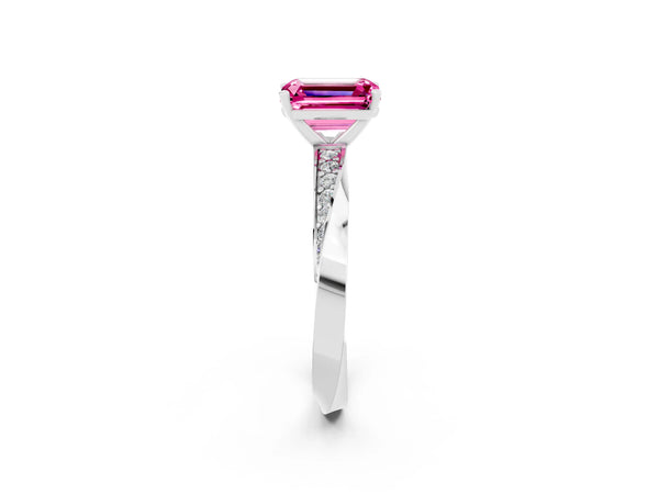 Platinum Emerald Cut Pink Sapphire Engagement Ring with Side Stone Accents and Four-Prong Setting