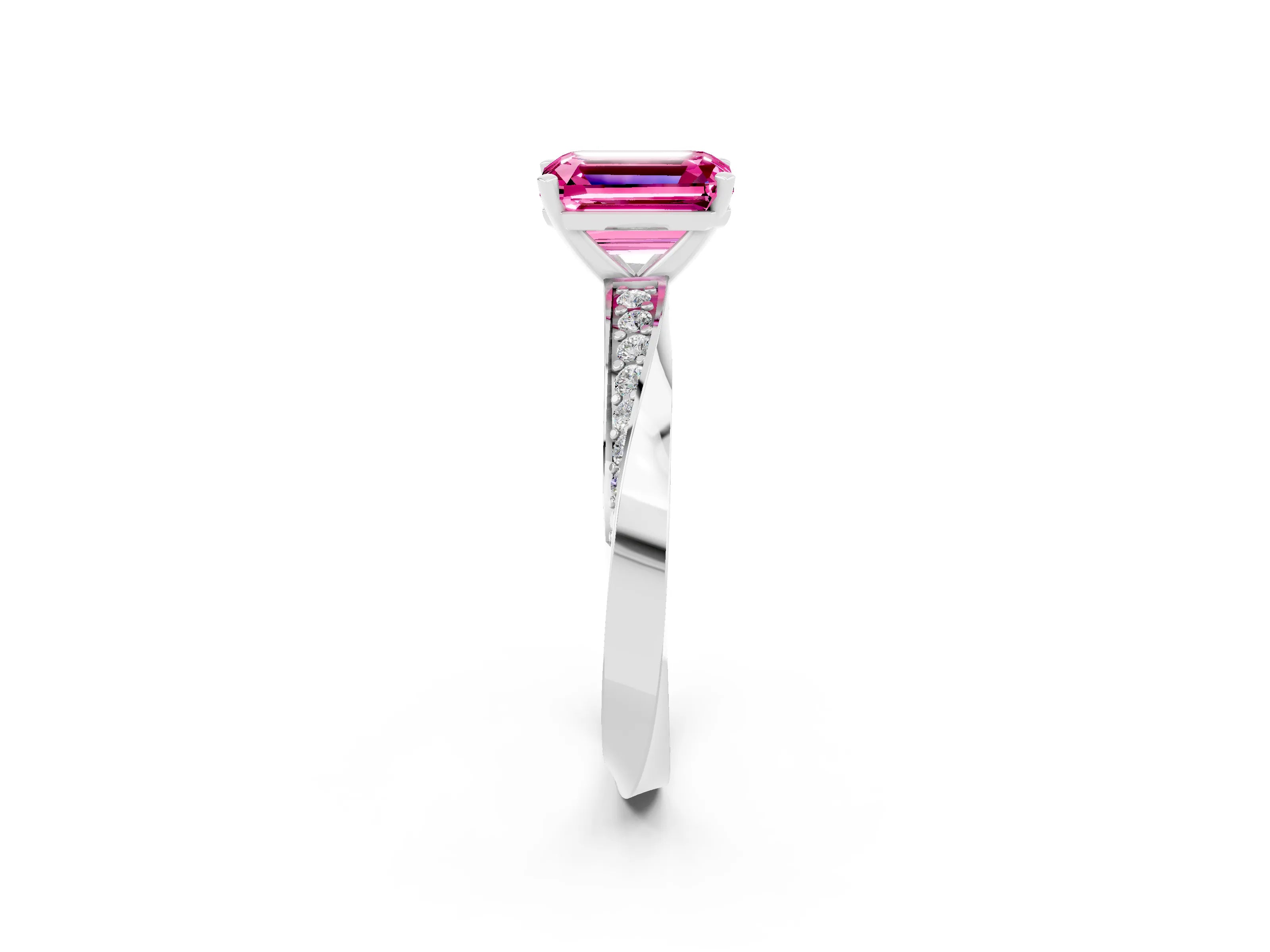 White gold Emerald Cut Pink Sapphire Engagement Ring with Side Stone Accents and Four-Prong Setting_53