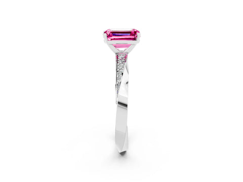 White gold Emerald Cut Pink Sapphire Engagement Ring with Side Stone Accents and Four-Prong Setting_53