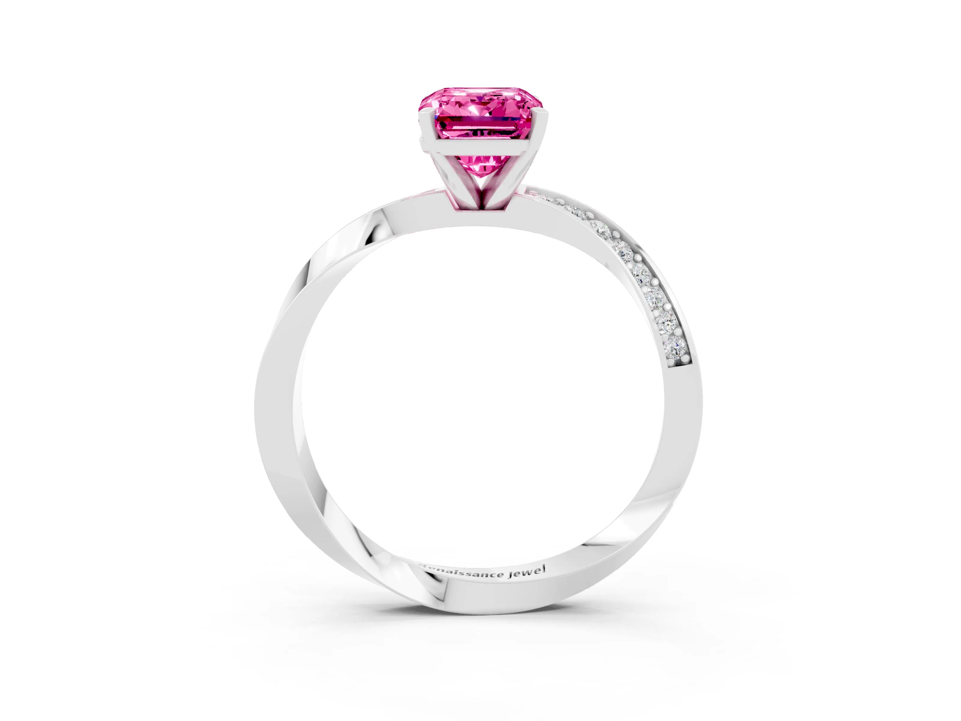 White gold Emerald Cut Pink Sapphire Engagement Ring with Side Stone Accents and Four-Prong Setting_54