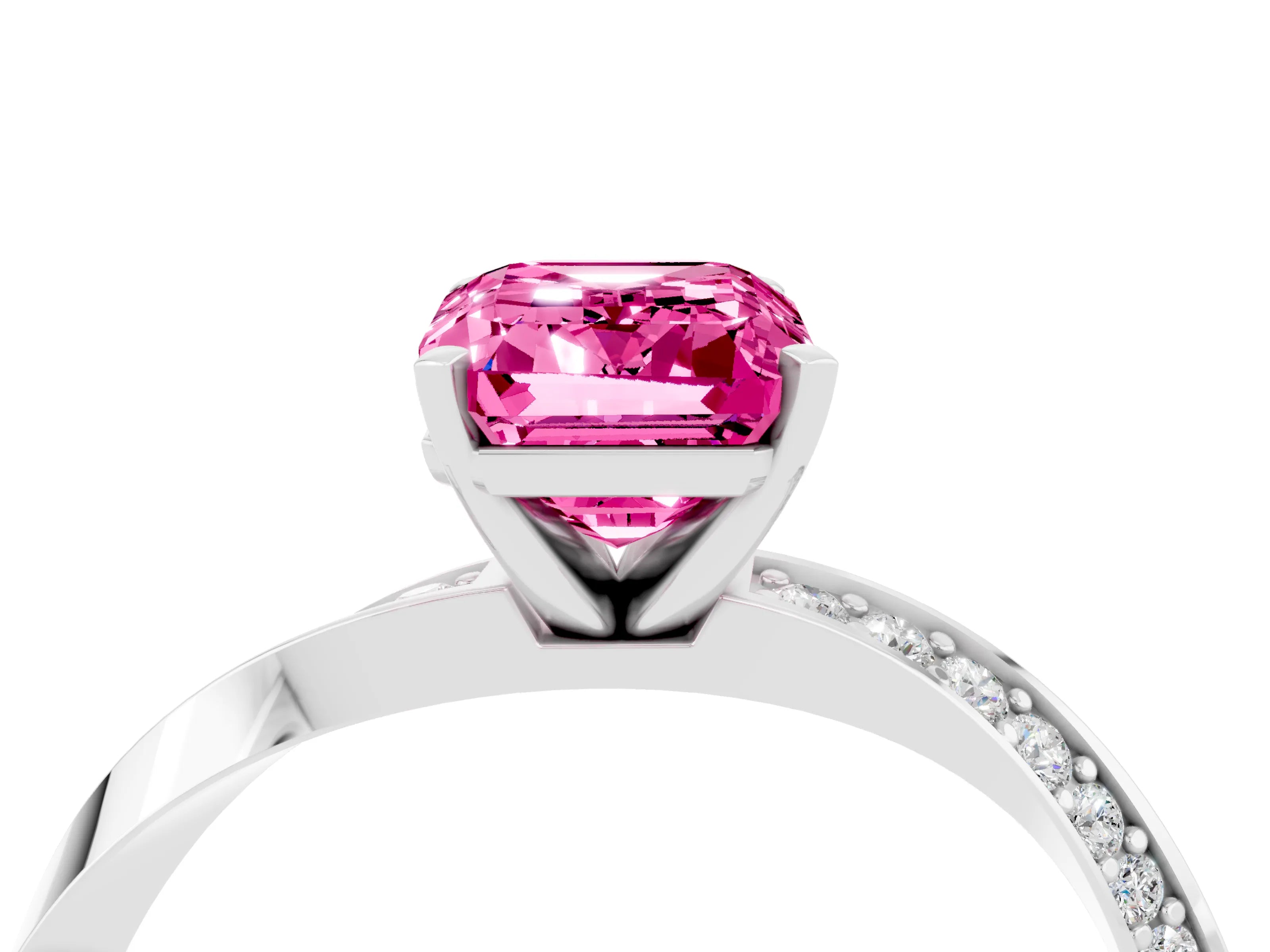 White gold Emerald Cut Pink Sapphire Engagement Ring with Side Stone Accents and Four-Prong Setting_55