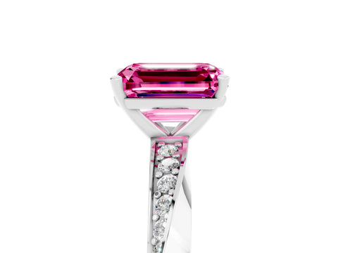 White gold Emerald Cut Pink Sapphire Engagement Ring with Side Stone Accents and Four-Prong Setting_56