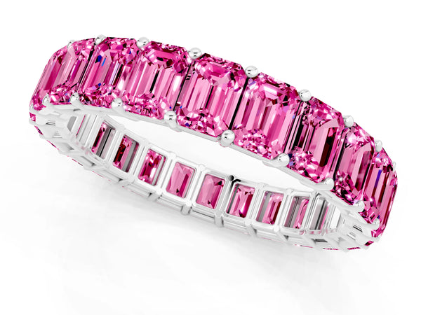 White Gold Emerald Cut Lab-Grown Pink Sapphire North-South Eternity Wedding Band with Shared Prongs