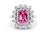 White gold Emerald Cut Pink Sapphire Floral Double Halo Engagement Ring with Prong Setting_12