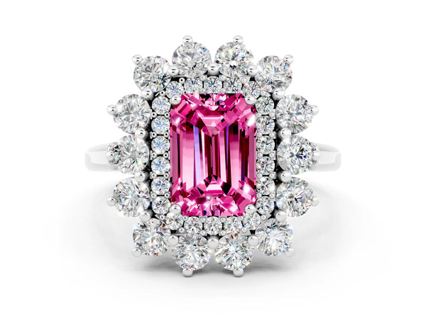 White gold Emerald Cut Pink Sapphire Floral Double Halo Engagement Ring with Prong Setting