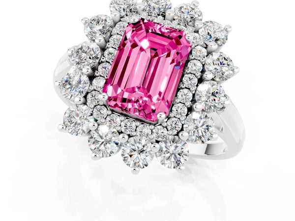 Platinum Emerald Cut Pink Sapphire Floral Double Halo Engagement Ring with Prong Setting