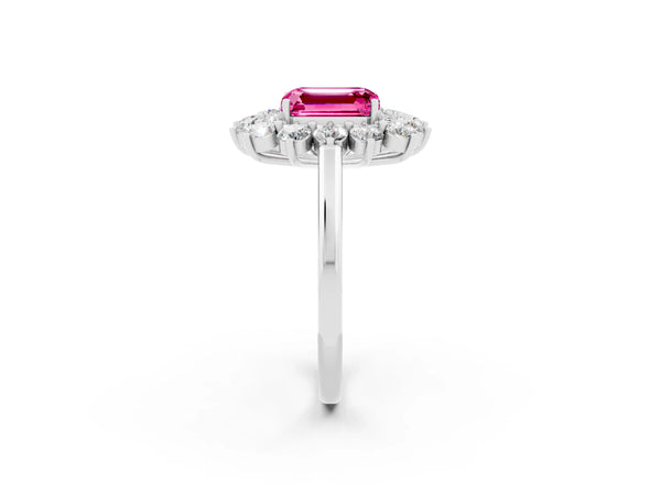 Platinum Emerald Cut Pink Sapphire Floral Double Halo Engagement Ring with Prong Setting
