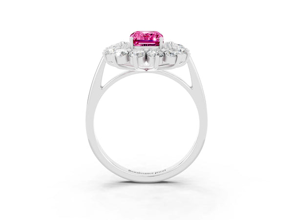 White gold Emerald Cut Pink Sapphire Floral Double Halo Engagement Ring with Prong Setting