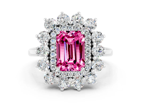 White Gold Emerald Cut Lab-Grown Pink Sapphire Floral Double Halo Engagement Ring with Plain Band