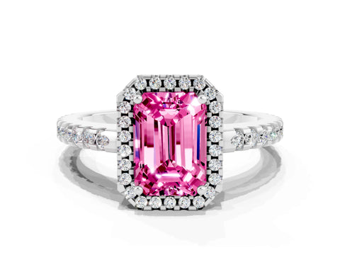White gold Emerald Cut Pink Sapphire Halo Engagement Ring with Pavé Band and Prong Setting_12