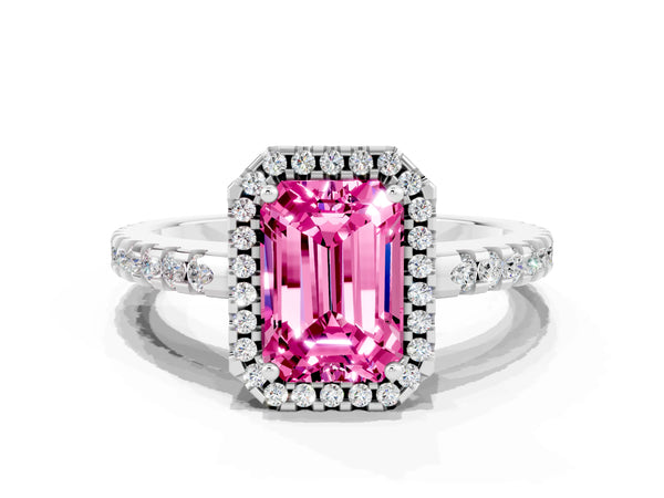 White gold Emerald Cut Pink Sapphire Halo Engagement Ring with Pavé Band and Prong Setting