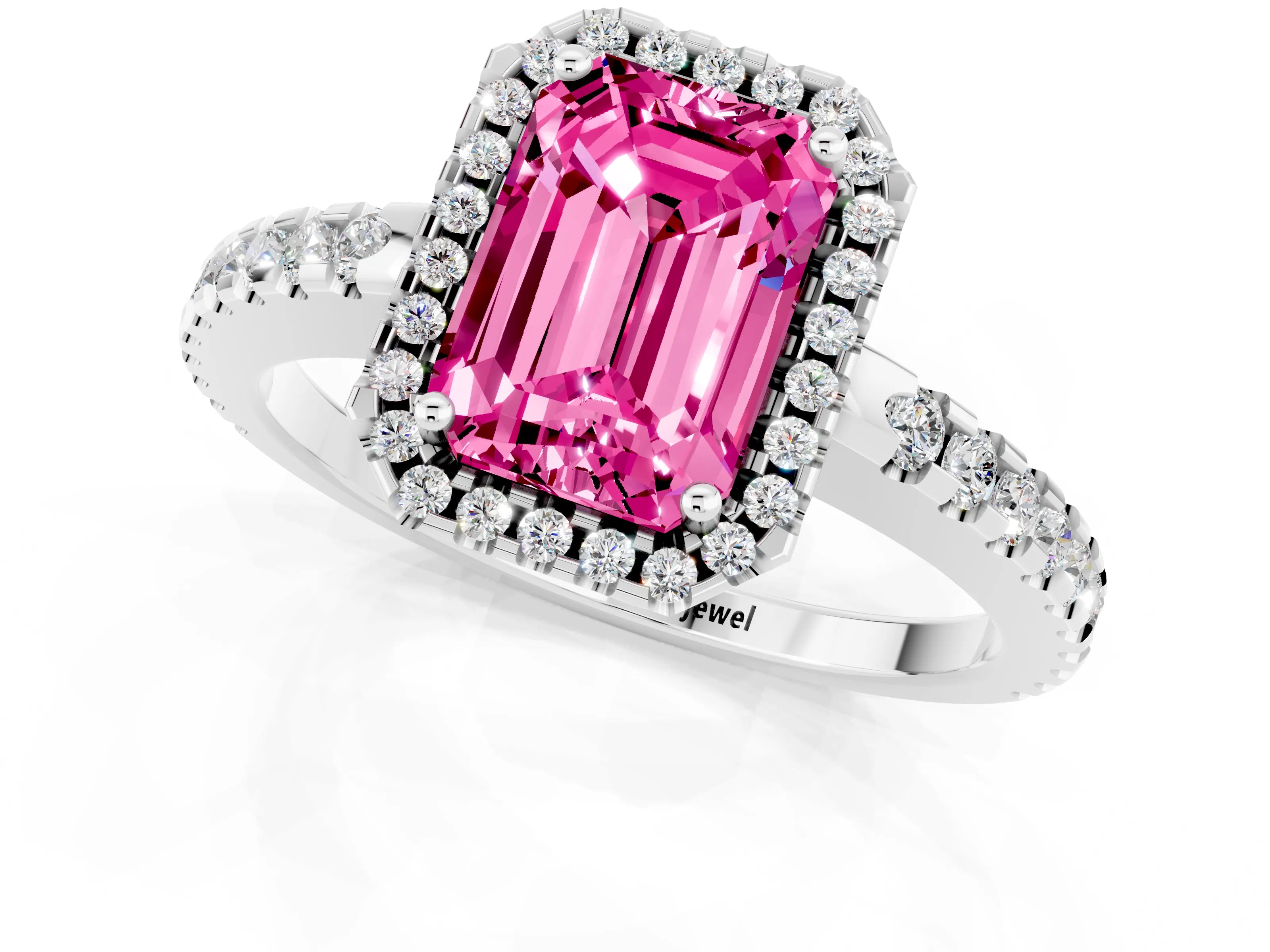 White gold Emerald Cut Pink Sapphire Halo Engagement Ring with Pavé Band and Prong Setting_13