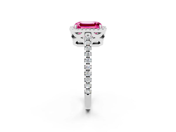 White gold Emerald Cut Pink Sapphire Halo Engagement Ring with Pavé Band and Prong Setting