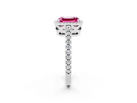 White gold Emerald Cut Pink Sapphire Halo Engagement Ring with Pavé Band and Prong Setting_14